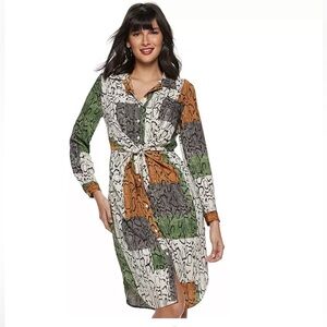 NINE WEST women’s knot front button front shirt dress long sleeves snake multi